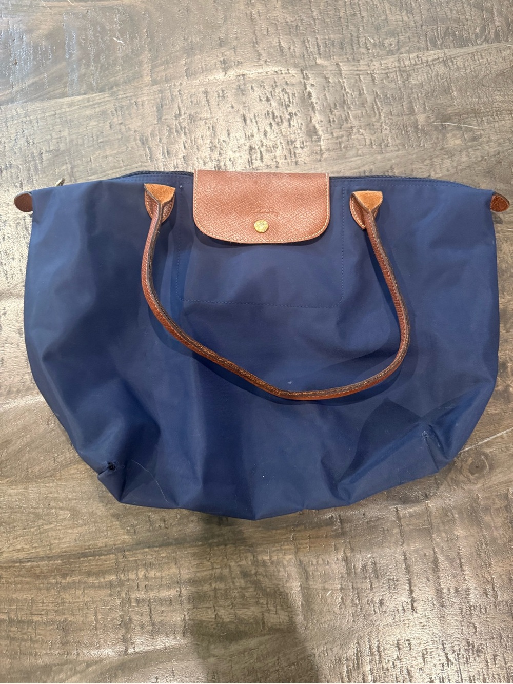 Longchamp Navy Nylon Large Le Pliage Tote with Brown Leather Trim - Picture 2 of 9